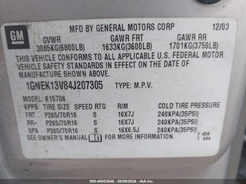 2004 Chevrolet Tahoe K1500 VIN: 1GNEK13V84J207305 Lot: 40053848