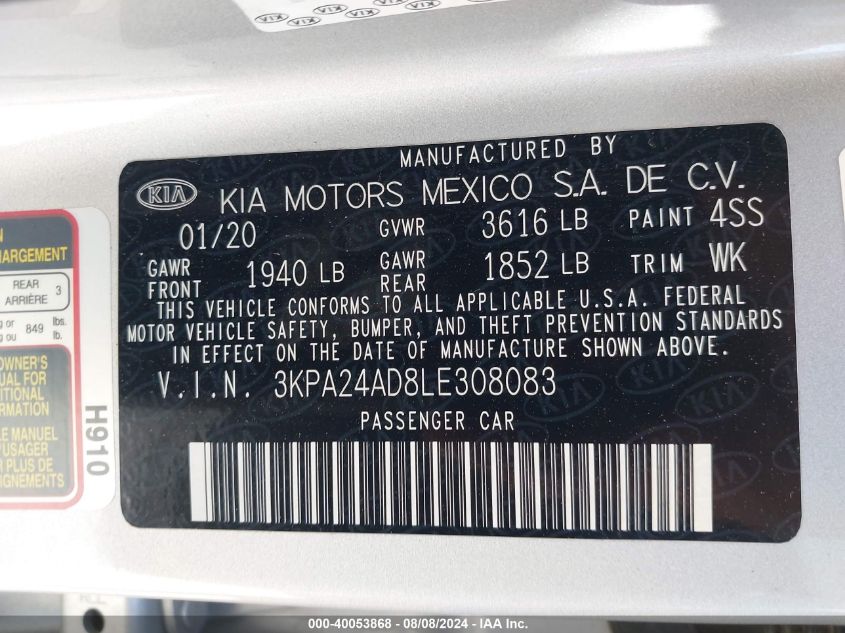 2020 Kia Rio S VIN: 3KPA24AD8LE308083 Lot: 40053868