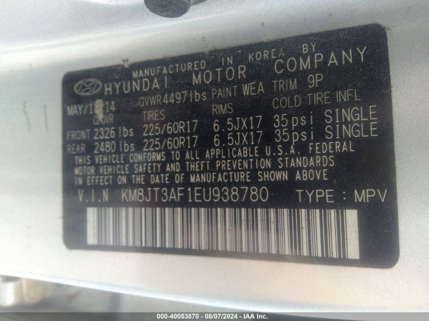 2014 Hyundai Tucson Gls VIN: KM8JT3AF1EU938780 Lot: 40053870