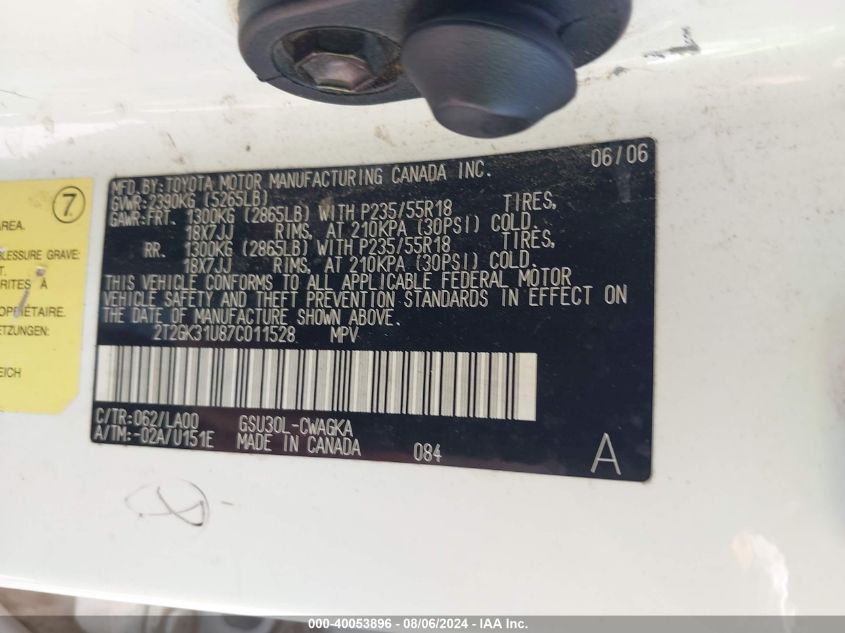 2007 Lexus Rx 350 VIN: 2T2GK31U87C011528 Lot: 40053896