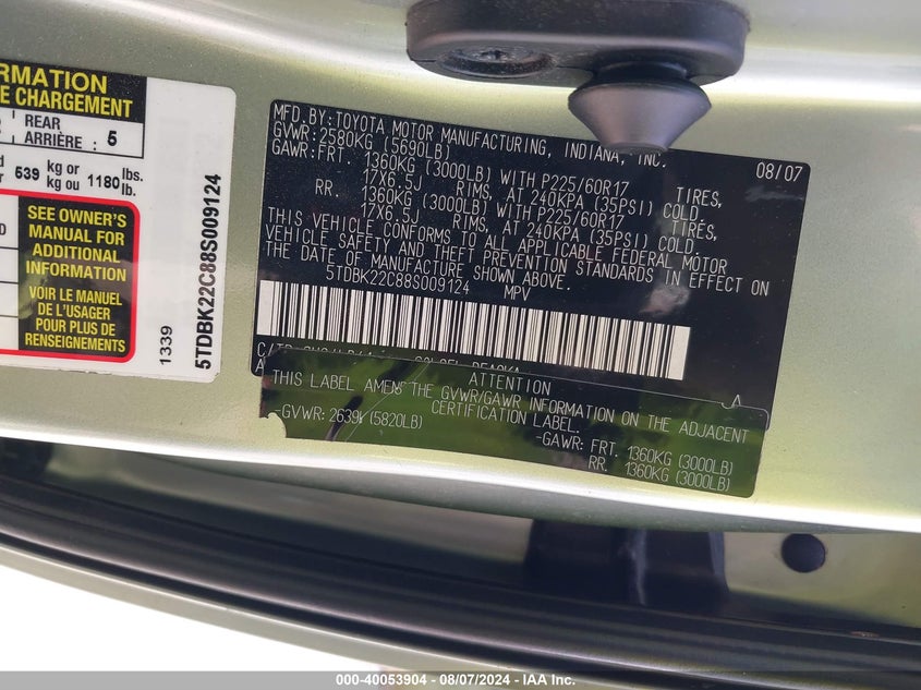 2008 Toyota Sienna Limited VIN: 5TDBK22C88S009124 Lot: 40053904