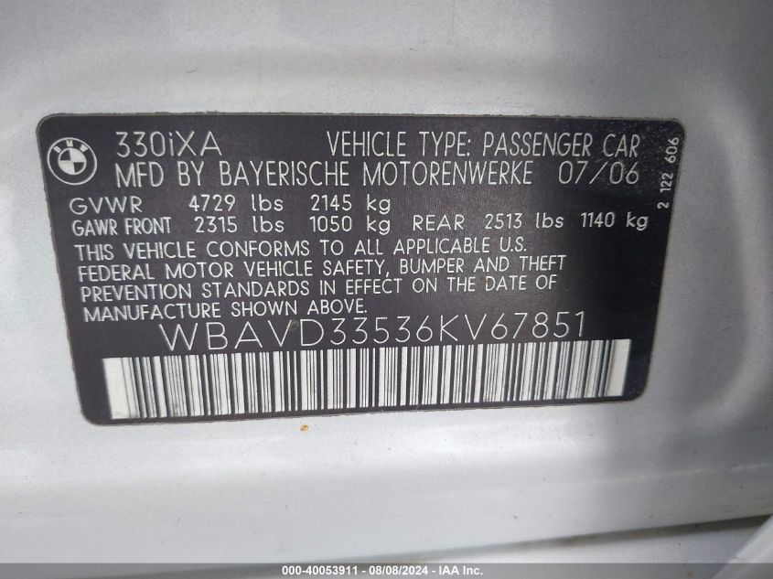 2006 BMW 330Xi VIN: WBAVD33536KV67851 Lot: 40053911