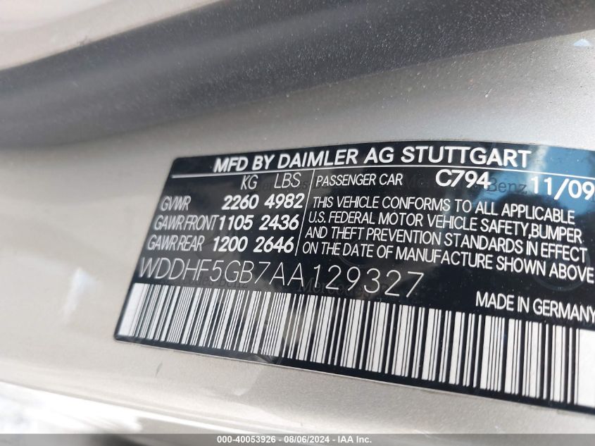 2010 Mercedes-Benz E 350 VIN: WDDHF5GB7AA129327 Lot: 40053926