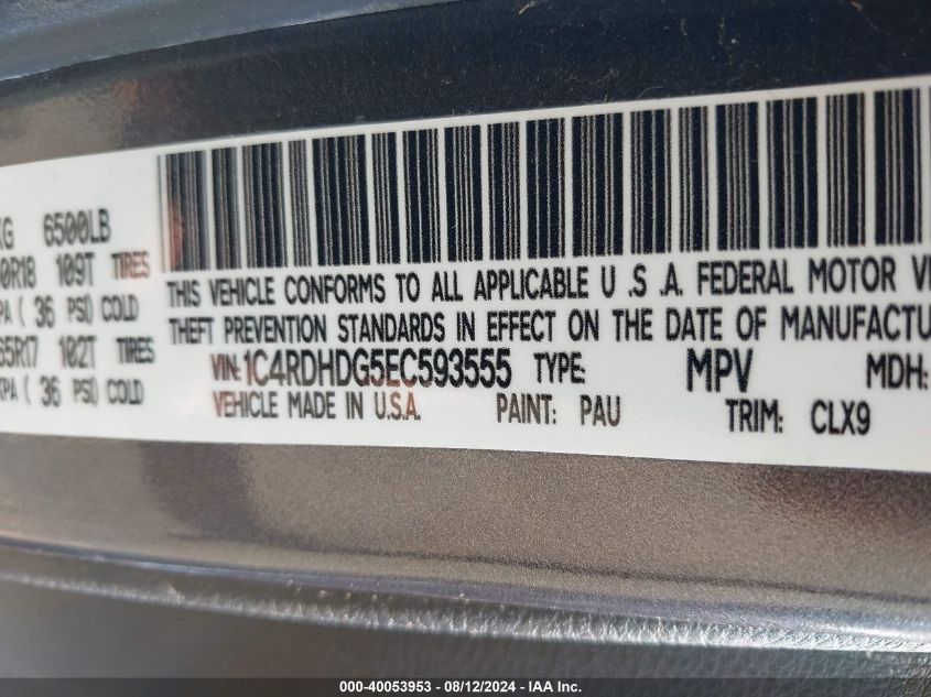 2014 Dodge Durango Limited VIN: 1C4RDHDG5EC593555 Lot: 40053953
