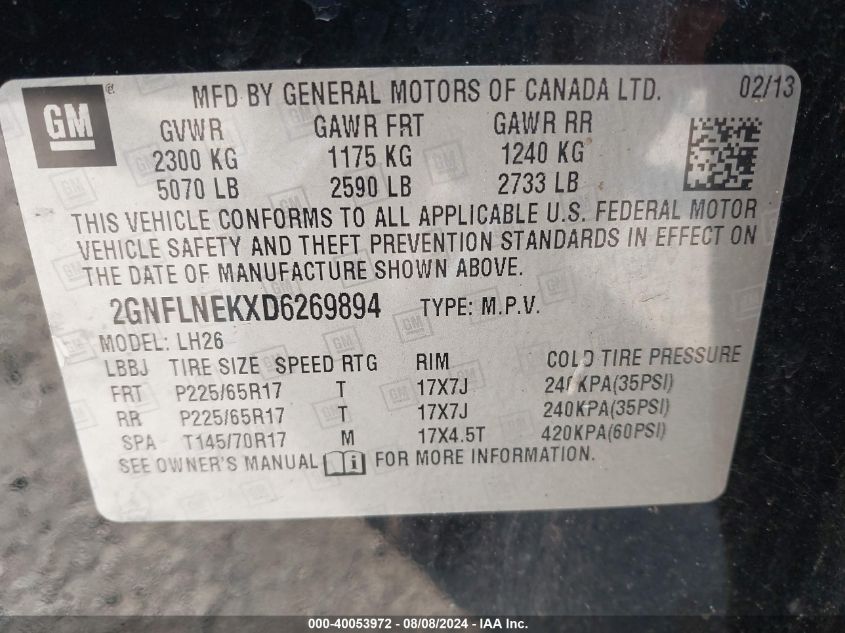 2013 Chevrolet Equinox Lt VIN: 2GNFLNEKXD6269894 Lot: 40053972