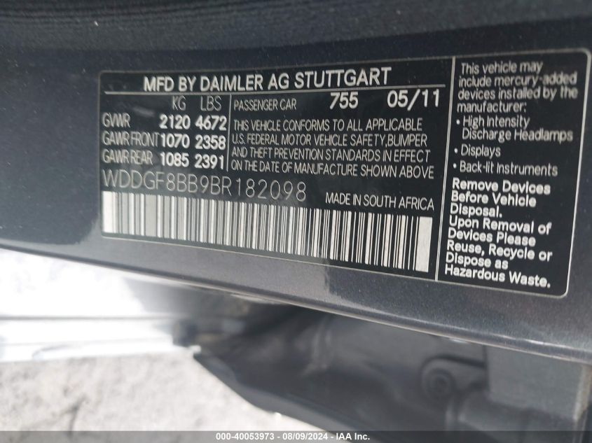 2011 Mercedes-Benz C 300 4Matic VIN: WDDGF8BB9BR182098 Lot: 40053973