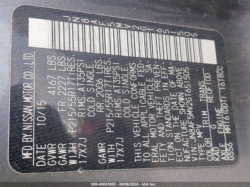 2016 Nissan Juke S/Sv/Sl/Nismo VIN: JN8AF5MV2GT651505 Lot: 40053982