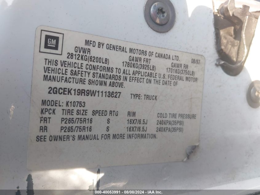 1998 Chevrolet Gmt-400 K1500 VIN: 2GCEK19R9W1113627 Lot: 40053991