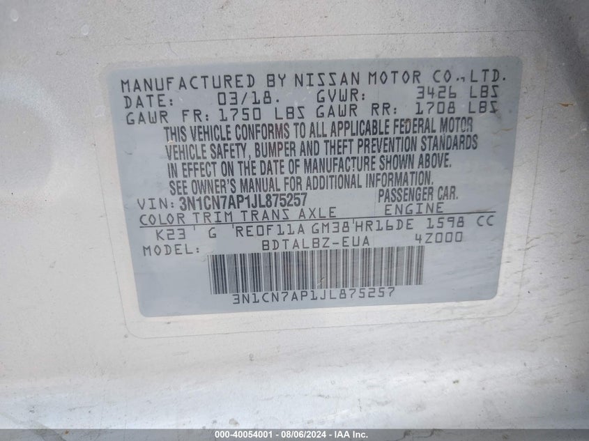 2018 Nissan Versa 1.6 Sv VIN: 3N1CN7AP1JL875257 Lot: 40054001