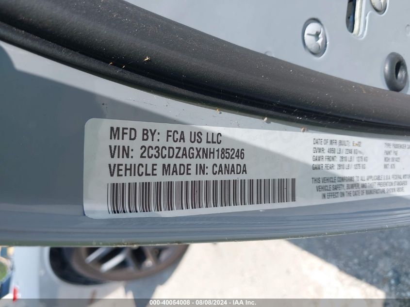 2022 Dodge Challenger Sxt VIN: 2C3CDZAGXNH185246 Lot: 40054008