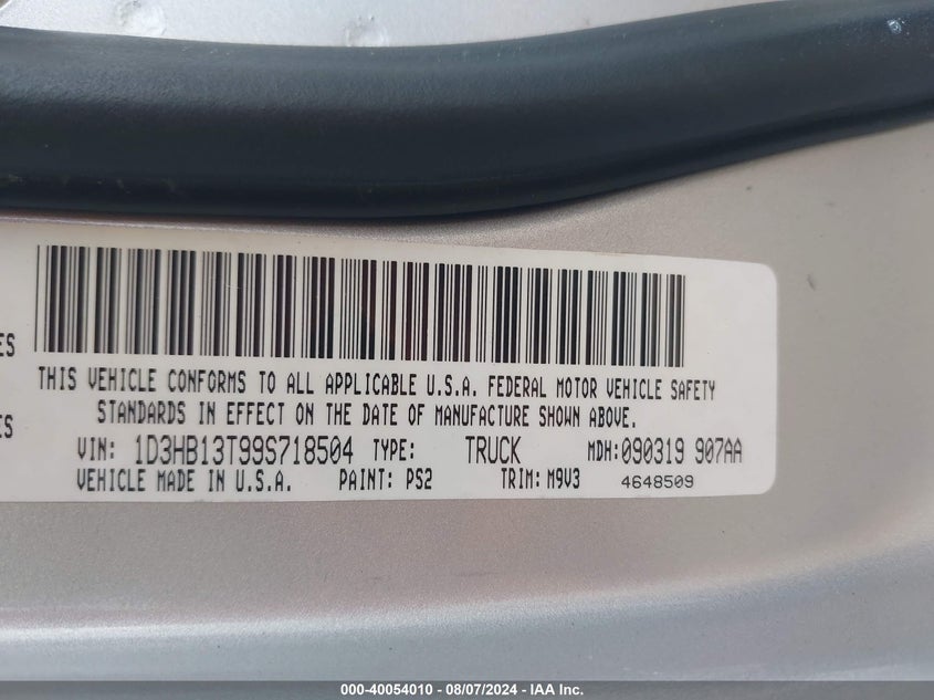 2009 Dodge Ram 1500 Slt/Sport/Trx VIN: 1D3HB13T99S718504 Lot: 40054010