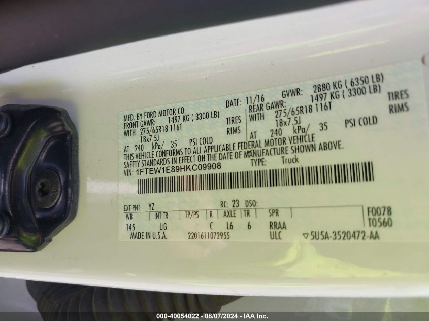 2017 Ford F-150 Xlt VIN: 1FTEW1E89HKC09908 Lot: 40054022