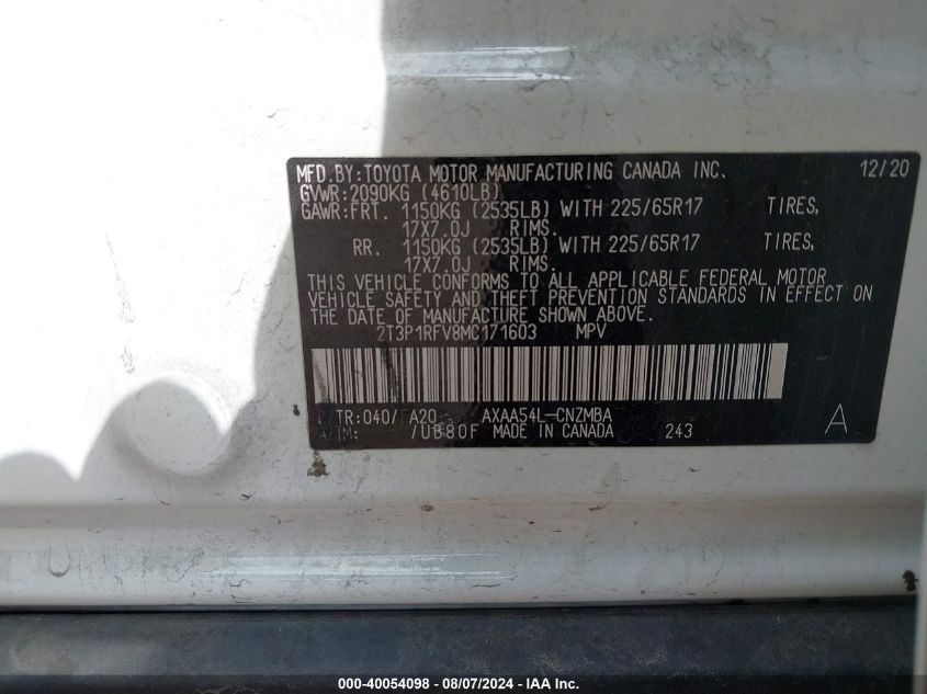 2021 TOYOTA RAV4(VIN: 2T3P1RFV8MC171603