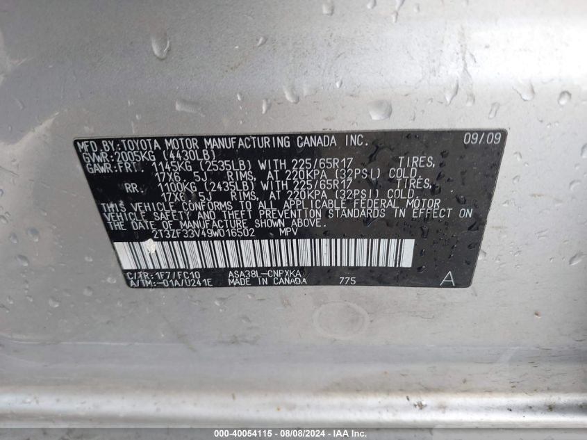 2009 Toyota Rav4 VIN: 2T3ZF33V49W016502 Lot: 40054115