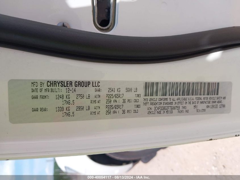 2015 Dodge Journey Sxt VIN: 3C4PDDBG2FT600759 Lot: 40054117