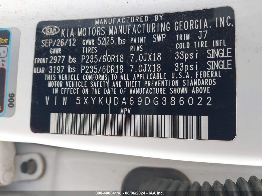 2013 Kia Sorento Ex VIN: 5XYKUDA69DG386022 Lot: 40054118