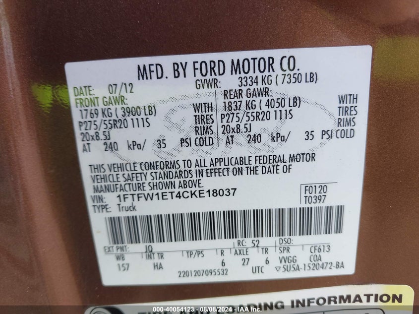 2012 Ford F150 Supercrew VIN: 1FTFW1ET4CKE1803 Lot: 40054123