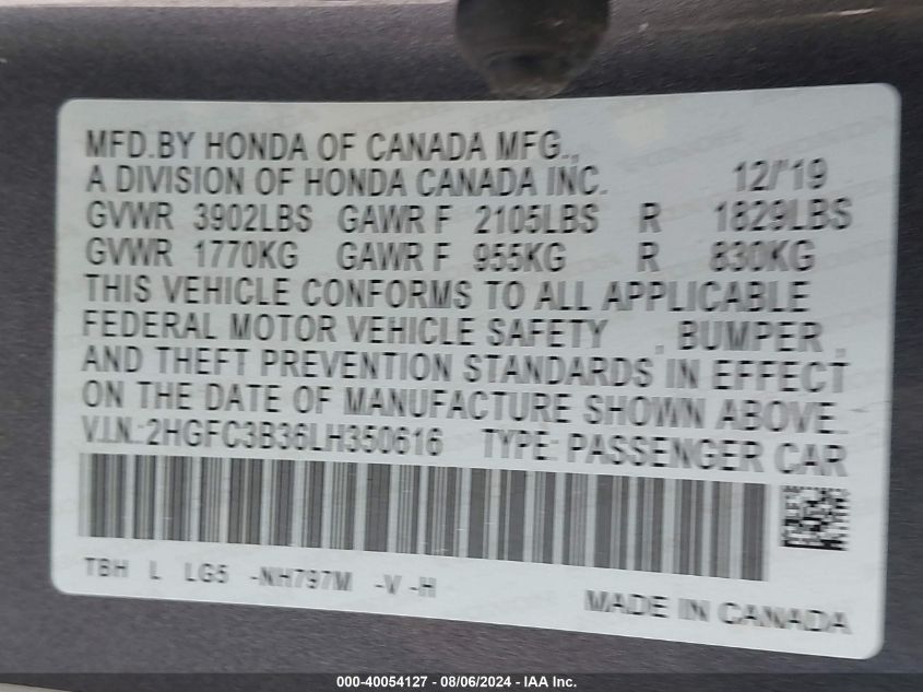 2020 Honda Civic Ex VIN: 2HGFC3B36LH350616 Lot: 40054127