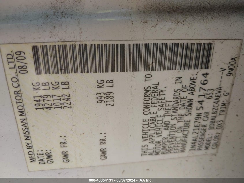 2009 Nissan Altima 2.5/2.5S VIN: 1N4AL21E79N541764 Lot: 40054131