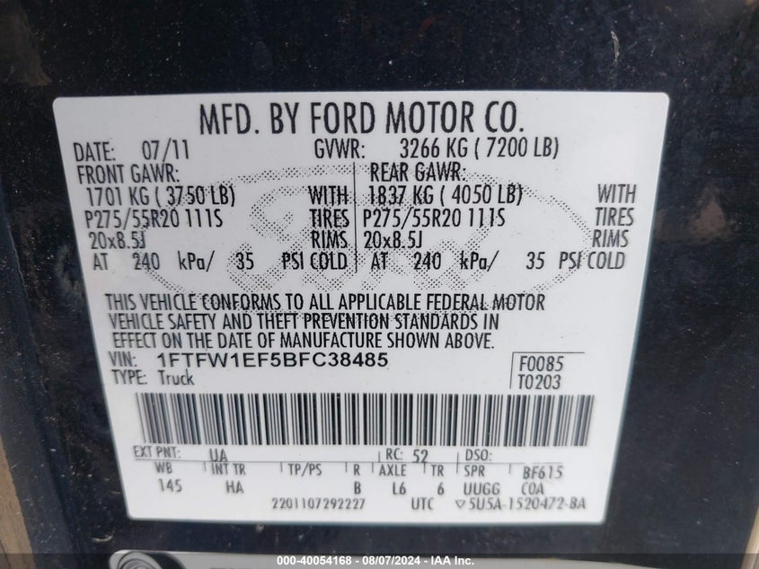 2011 Ford F-150 Lariat VIN: 1FTFW1EF5BFC38485 Lot: 40054168