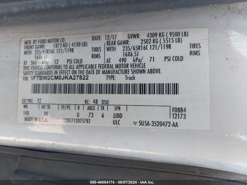 2018 Ford Transit-350 VIN: 1FTBW2CM0JKA27822 Lot: 40054174