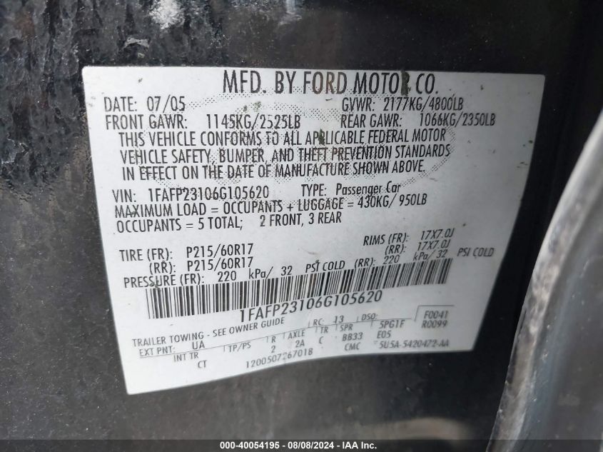 2006 Ford Five Hundred Se VIN: 1FAFP23106G105620 Lot: 40054195