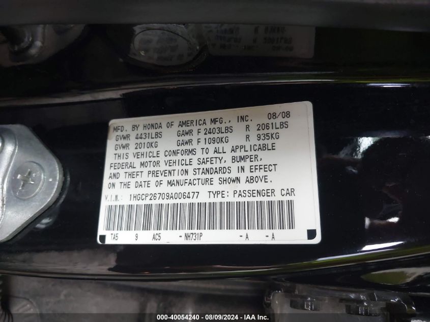 1HGCP26709A006477 2009 Honda Accord 2.4 Ex