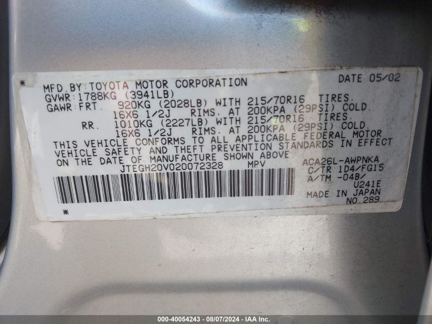 2002 Toyota Rav4 VIN: JTEGH20V020072328 Lot: 40054243