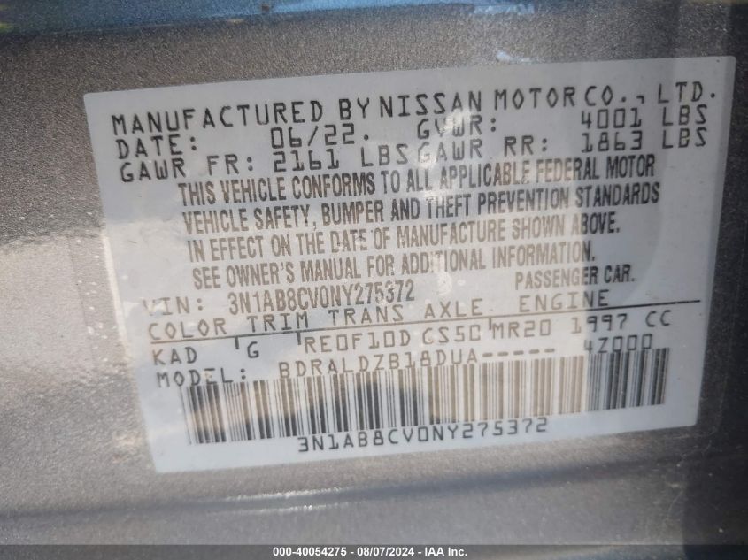 2022 Nissan Sentra Sv Xtronic Cvt VIN: 3N1AB8CV0NY275372 Lot: 40054275