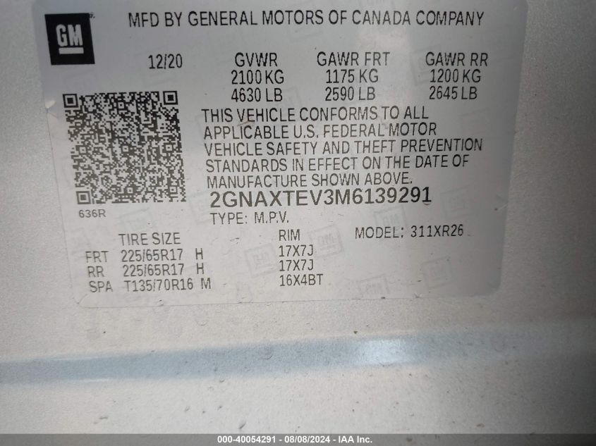 2021 Chevrolet Equinox Lt VIN: 2GNAXTEV3M6139291 Lot: 40054291