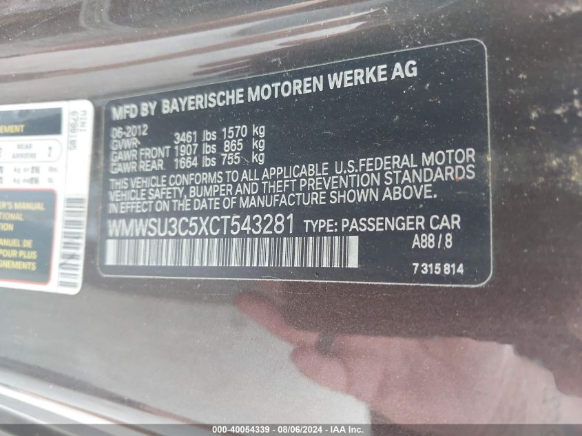 2012 Mini Cooper VIN: WMWSU3C5XCT543281 Lot: 40054339