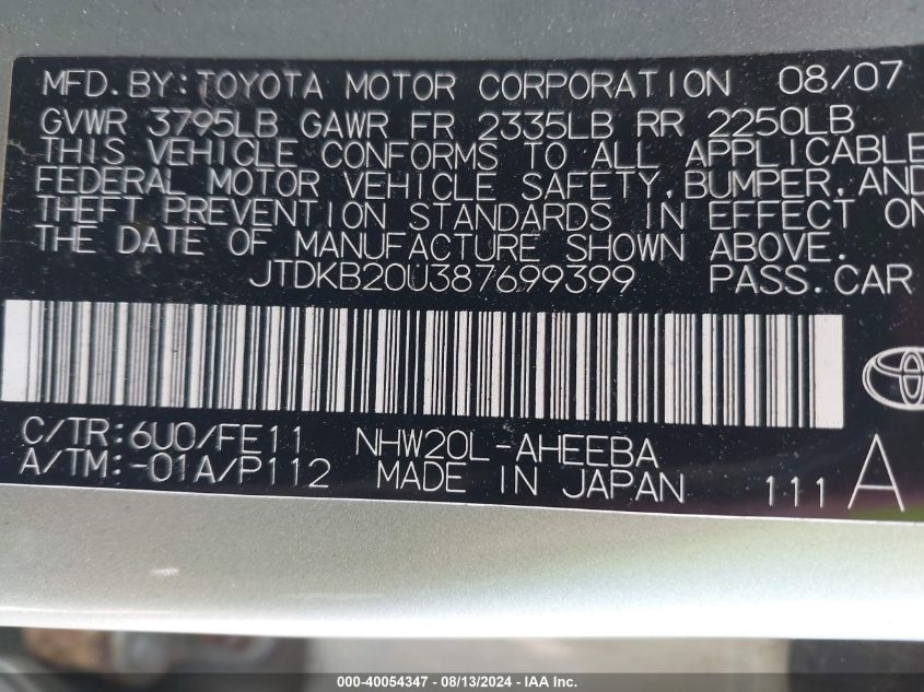 2008 Toyota Prius VIN: JTDKB20U387699399 Lot: 40054347