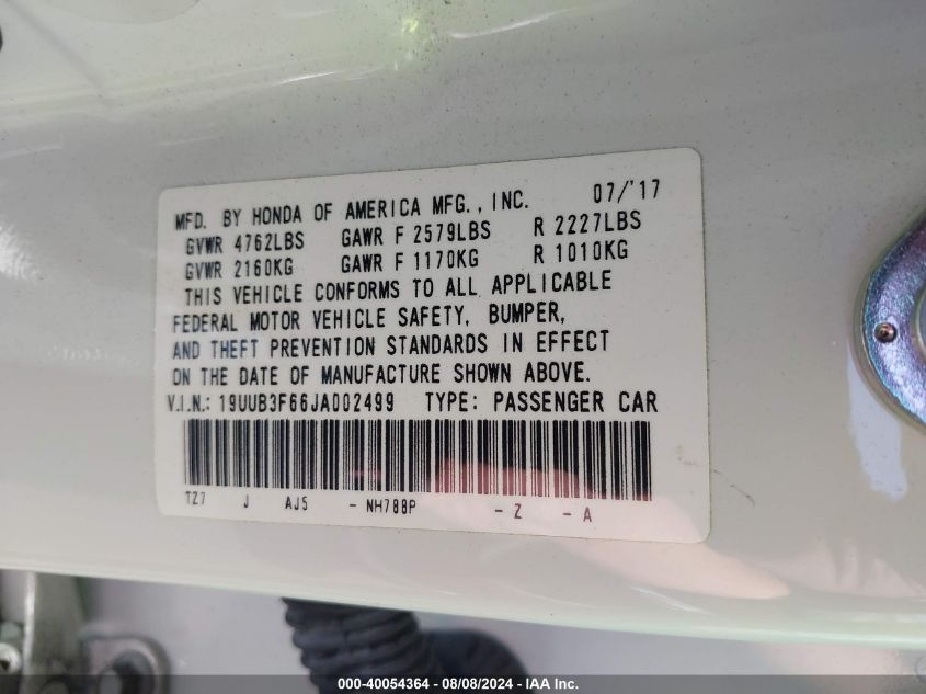 2018 Acura Tlx Tech A-Spec Pkgs VIN: 19UUB3F66JA002499 Lot: 40054364