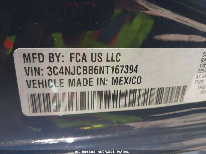 2022 Jeep Compass Latitude Fwd VIN: 3C4NJCBB6NT167394 Lot: 40054368