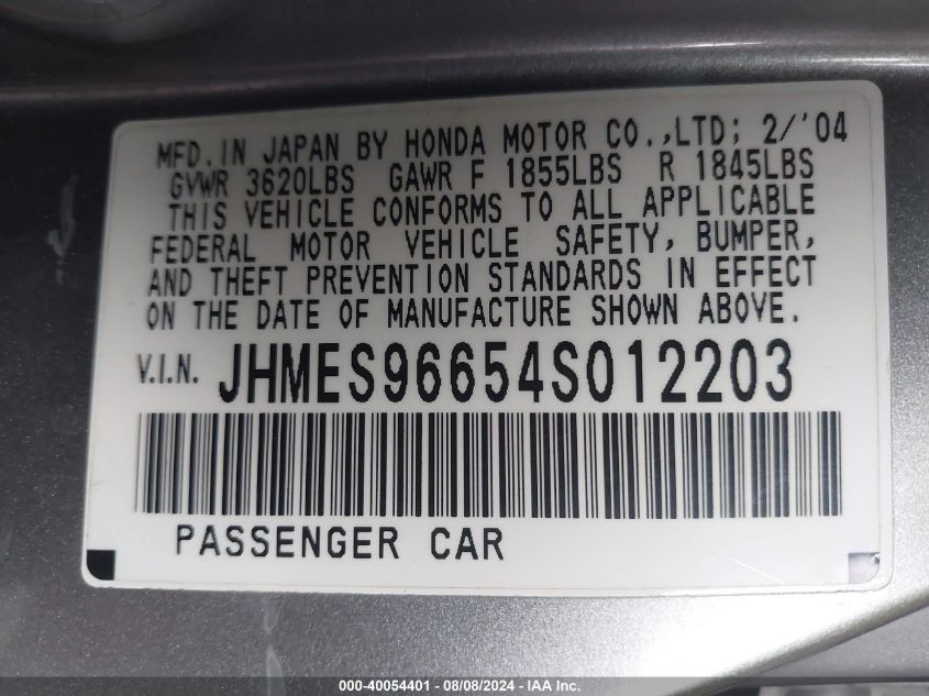 2004 Honda Civic Hybrid VIN: JHMES96654S012203 Lot: 40054401