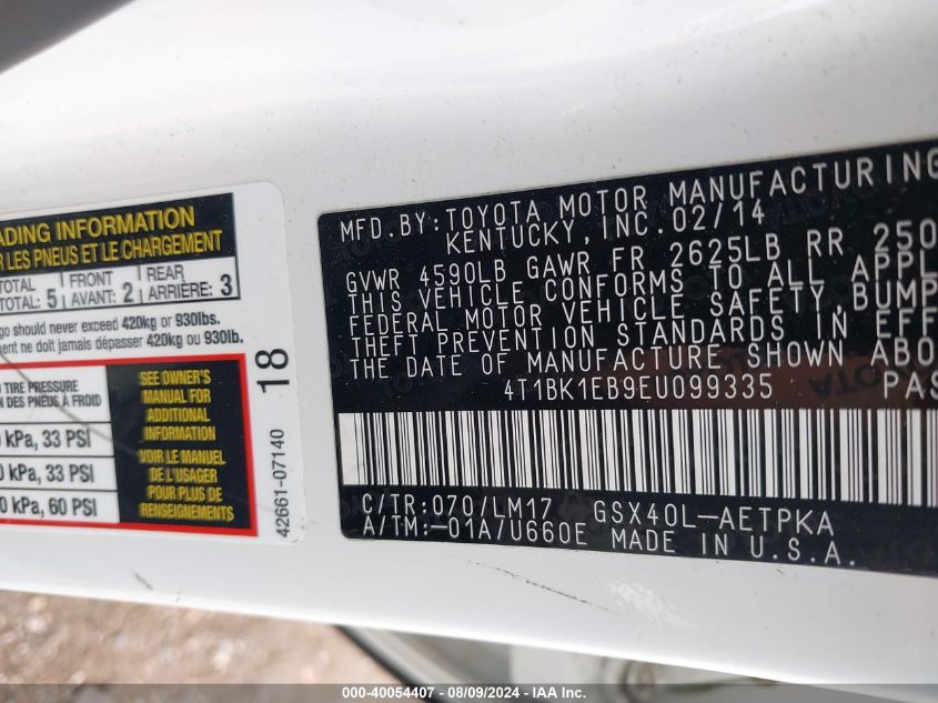 2014 Toyota Avalon Limited VIN: 4T1BK1EB9EU099335 Lot: 40054407