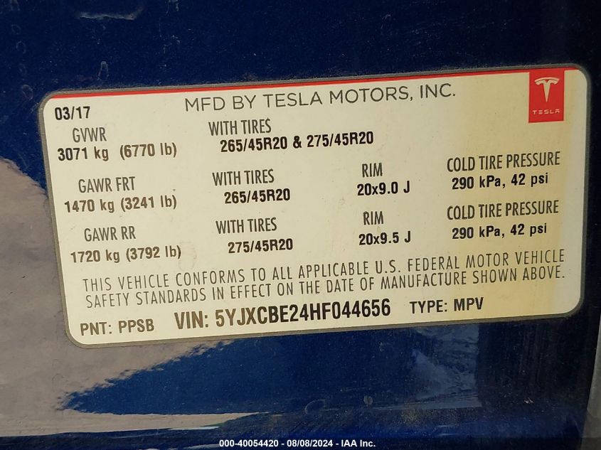 2017 Tesla Model X 100D/75D/90D VIN: 5YJXCBE24HF044656 Lot: 40054420