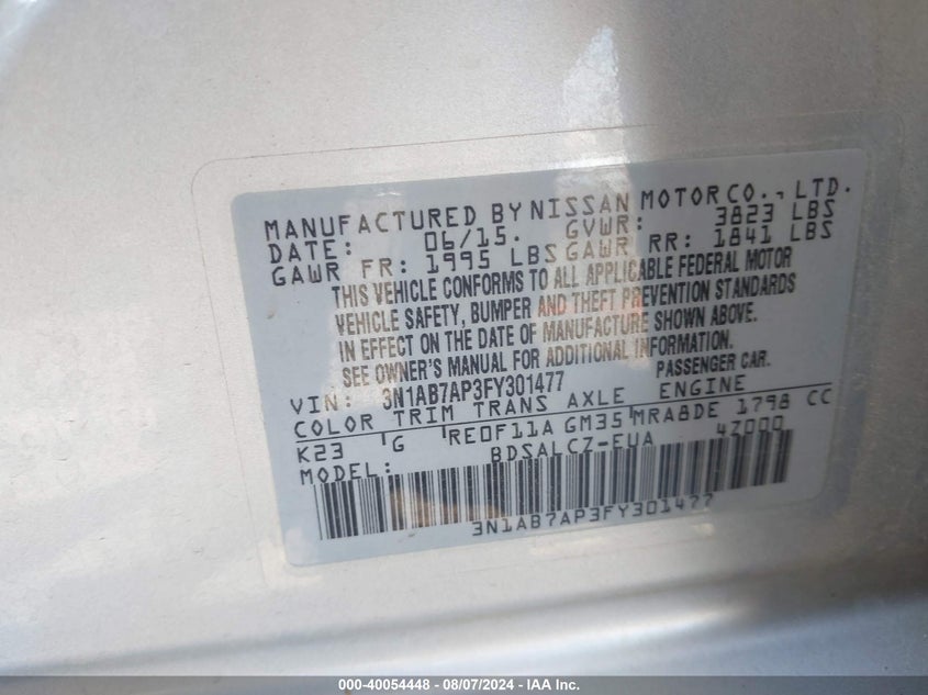 2015 Nissan Sentra S VIN: 3N1AB7AP3FY301477 Lot: 40054448