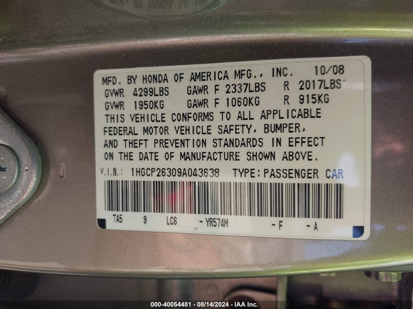 2009 Honda Accord 2.4 Lx VIN: 1HGCP26309A043638 Lot: 40054481