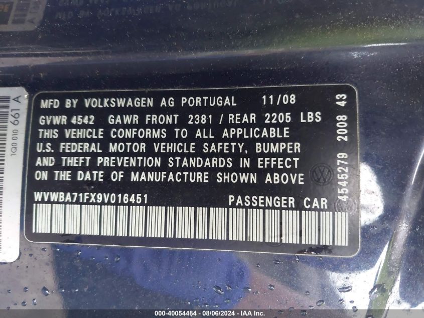 2009 Volkswagen Eos Komfort VIN: WVWBA71FX9V016451 Lot: 40054484