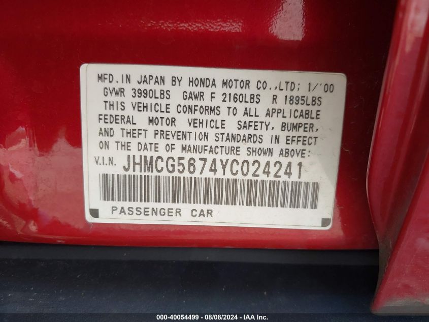 JHMCG5674YC024241 2000 Honda Accord 2.3 Se