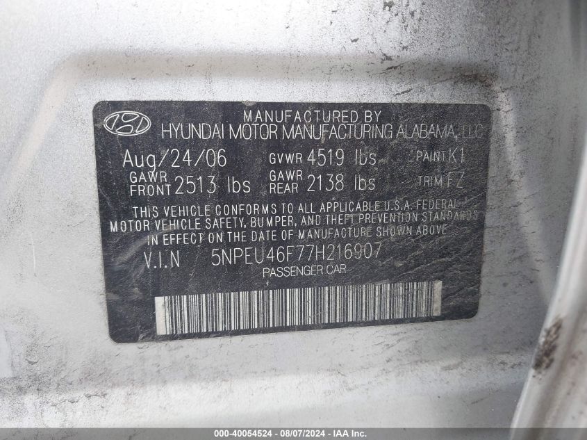 5NPEU46F77H216907 2007 Hyundai Sonata Limited/Se V6