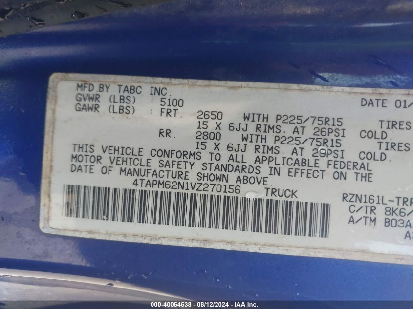 1997 Toyota Tacoma VIN: 4TAPM62N1VZ270156 Lot: 40054538