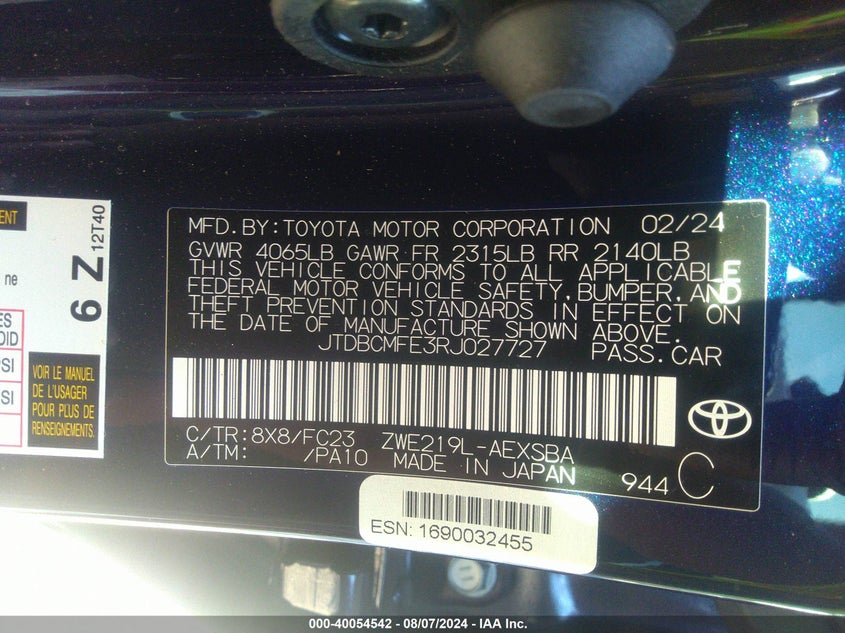2024 TOYOTA COROLLA LE/SE/XLE/NIGHT SHADE - JTDBCMFE3RJ027727