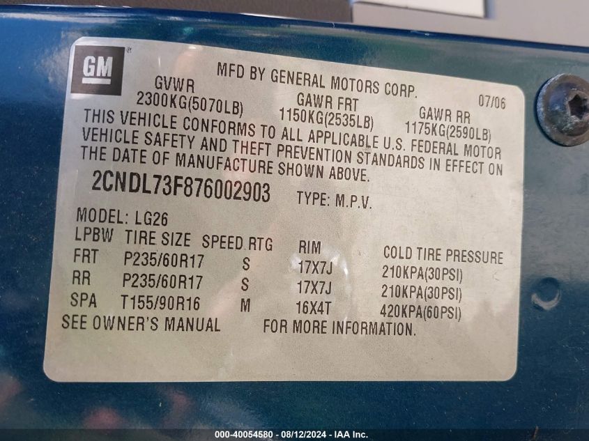 2007 Chevrolet Equinox Lt VIN: 2CNDL73F876002903 Lot: 40054580