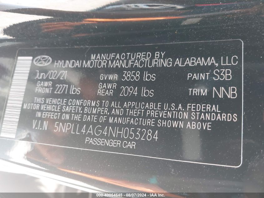 5NPLL4AG4NH053284 2022 Hyundai Elantra Se