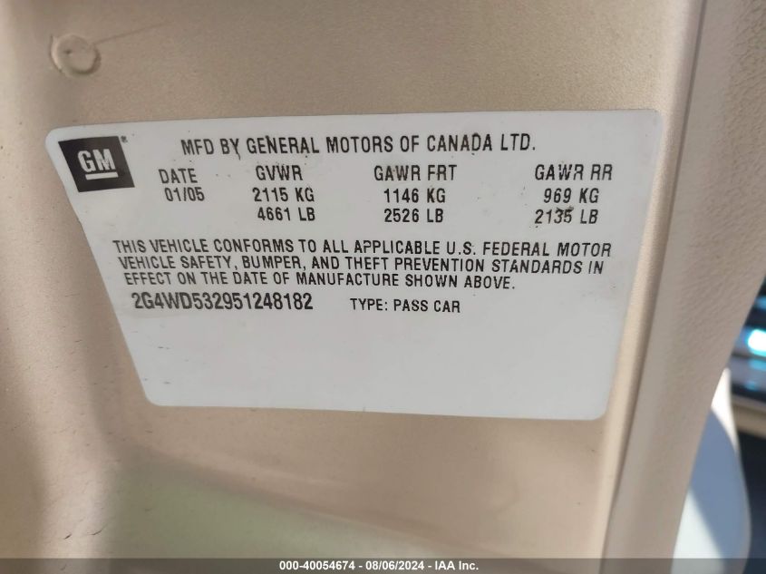 2005 Buick Lacrosse Cxl VIN: 2G4WD532951248182 Lot: 40054674