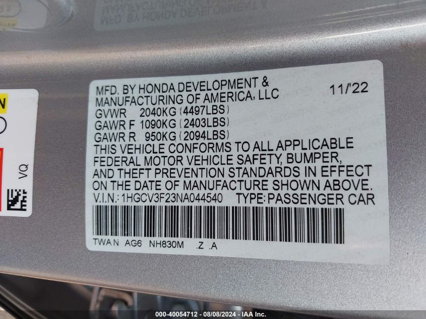 1HGCV3F23NA044540 2022 Honda Accord Hybrid Sport