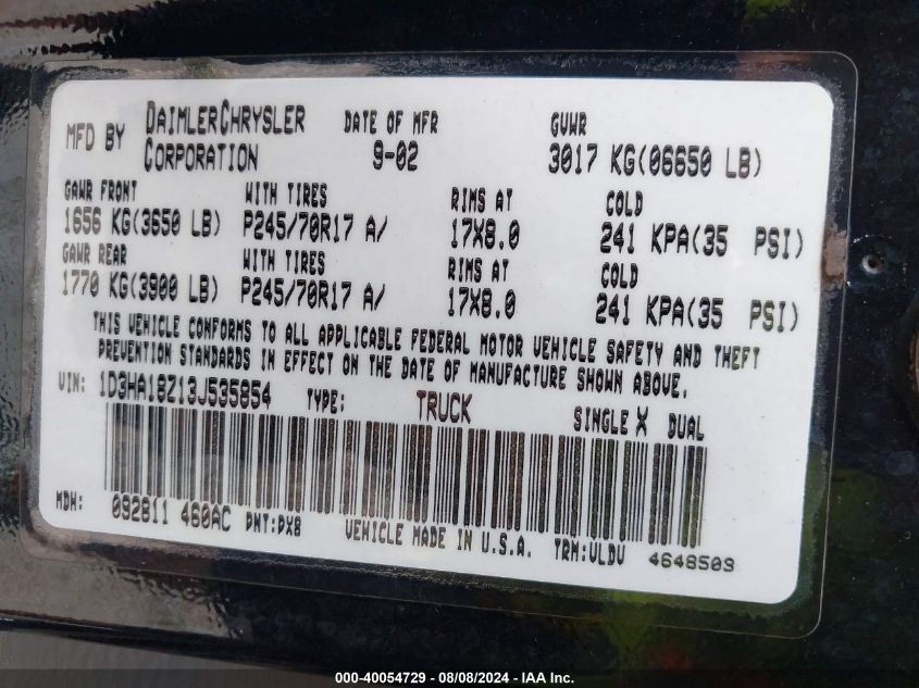 2003 Dodge Ram 1500 Slt/Laramie/St VIN: 1D3HA18Z13J535854 Lot: 40054729