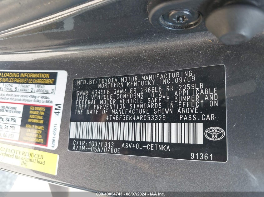 2010 Toyota Camry Le VIN: 4T4BF3EK4AR053329 Lot: 40054743